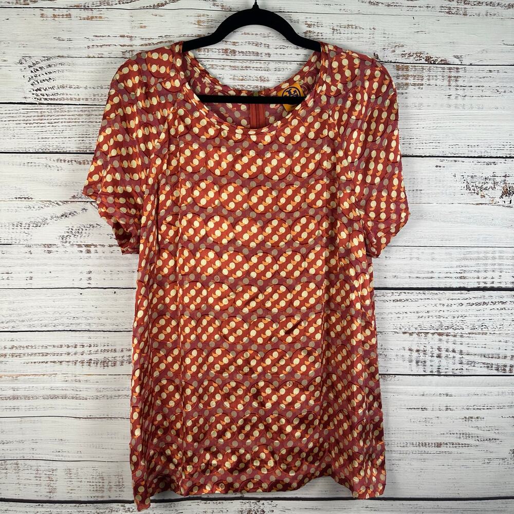 Womens Tory Burch Silk Blend Short Sleeve Tunic Blouse Red Orange Cream Print M